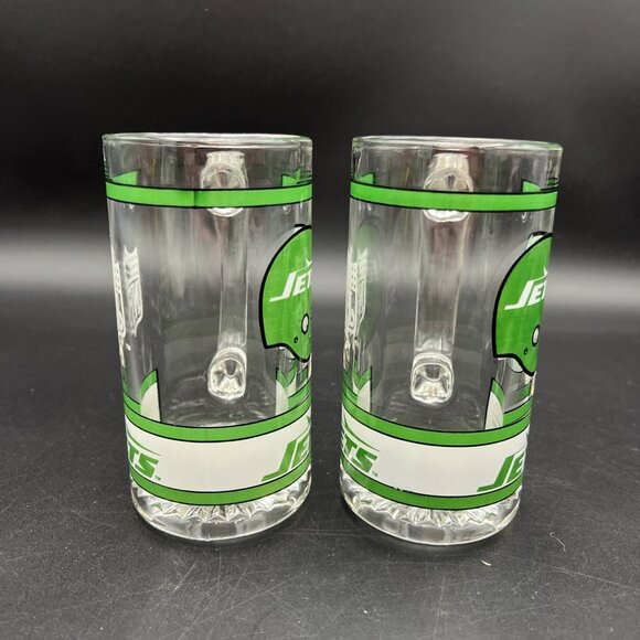 Set Of 2 Vintage New York Jets Handled Heavy Glass Beer Mugs Libby NFL 1980s - Picture 2 of 12
